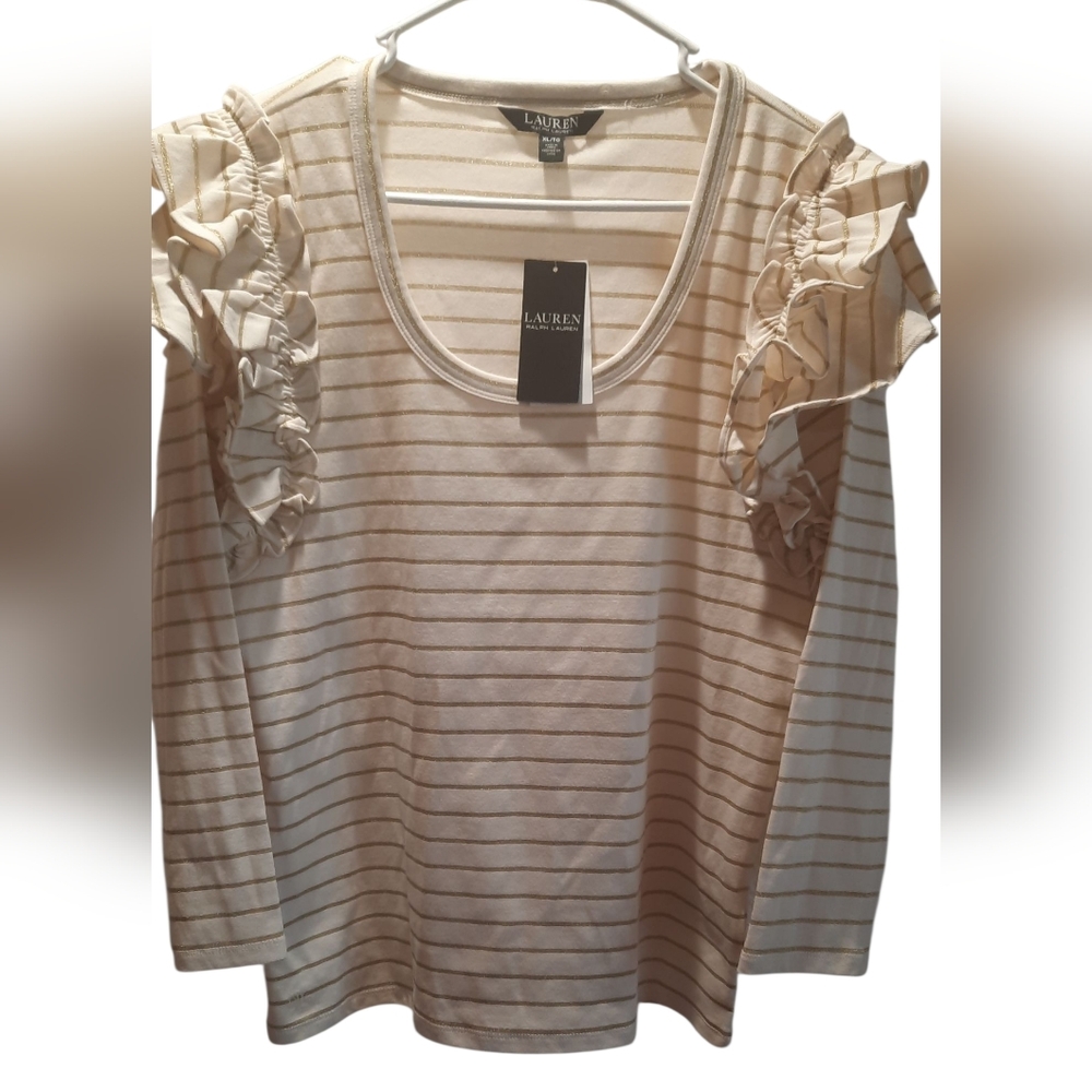 NWT! Lauren Ralph Lauren Blouse Womans XL Cream Gold Striped Ruffle Preppy